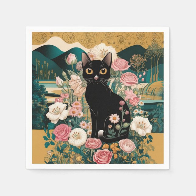 Servilleta De Papel Gustav Klimt Style Black Cat Art (Anverso)