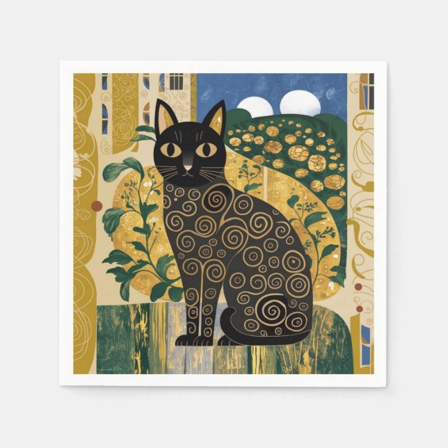 Servilleta De Papel Gustav Klimt Style Black Cat Art (Anverso)