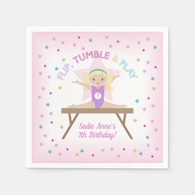 Servilleta De Papel Gymnast Blonde Gymnastics Jump Birthday Party (Anverso)