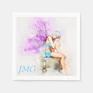 Servilleta De Papel Hada acuarela en azul con monograma