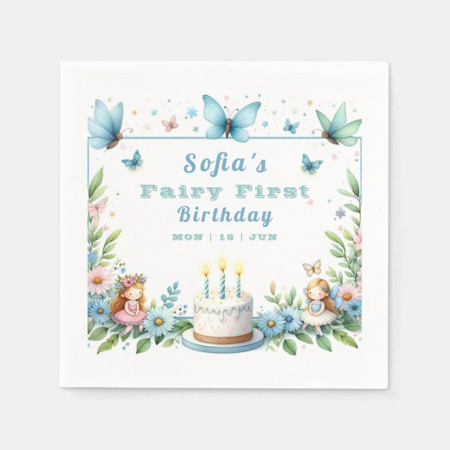Servilleta De Papel Hada Mariposa Pastel Azul Primer Cumpleaños - (Anverso)