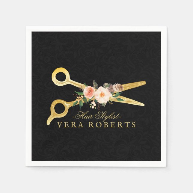 Servilleta De Papel Hair Stylist negro Damask Luxury Gold Scissors (Anverso)