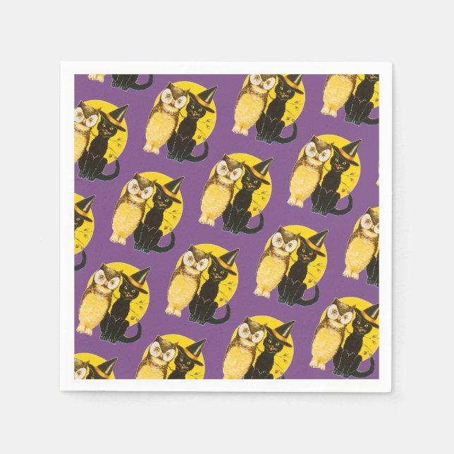 Servilleta De Papel Halloween anticuado, gato negro y búho (Anverso)