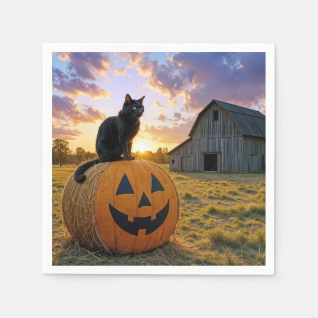 Servilleta De Papel Halloween Black Cat On Pumpkin Hay Bale (Anverso)