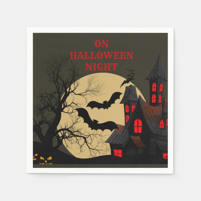 Servilleta De Papel Halloween Black Red Hauned House Bat Full Moon (Anverso)