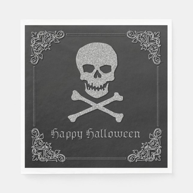 Servilleta De Papel Halloween con calaveras plateadas y cruces (Anverso)
