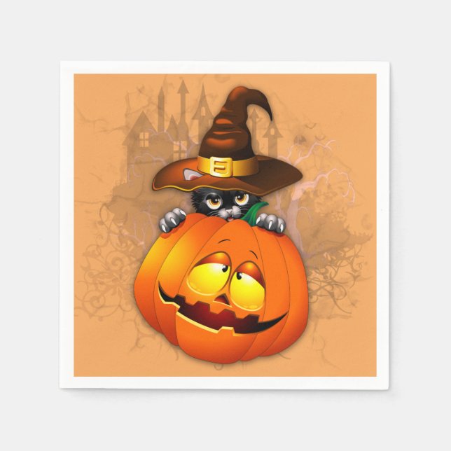 Servilleta De Papel Halloween Cute Kitty Witch and Pumpkin Friend  (Anverso)