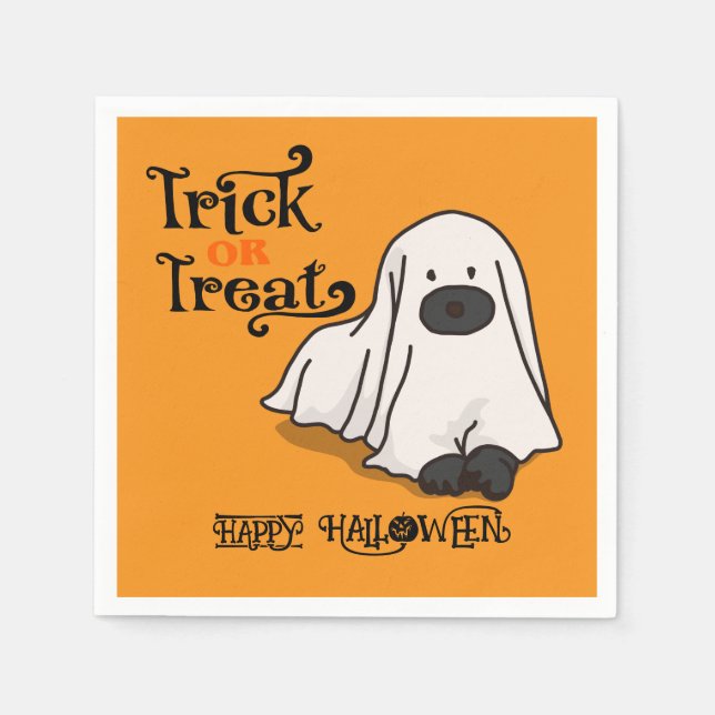 Servilleta De Papel Halloween Cute Spooky Whimsical Ghost Dog Naranja (Anverso)