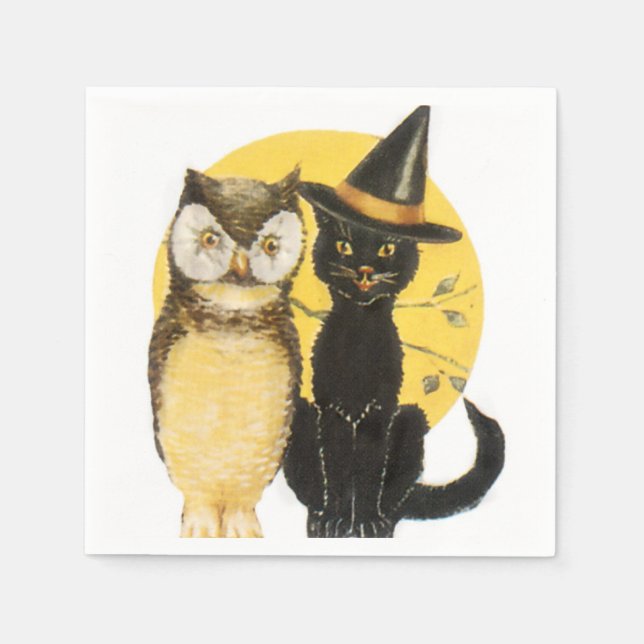 Servilleta De Papel Halloween de búho y gatos (Anverso)
