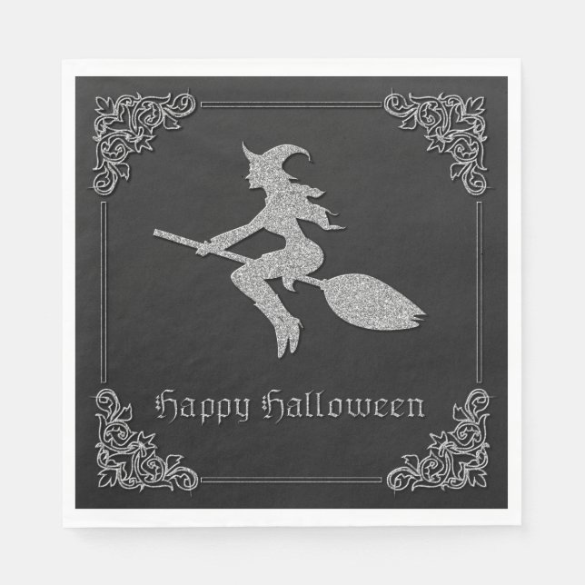 Servilleta De Papel Halloween de la Bruja Voladora de Plata (Anverso)
