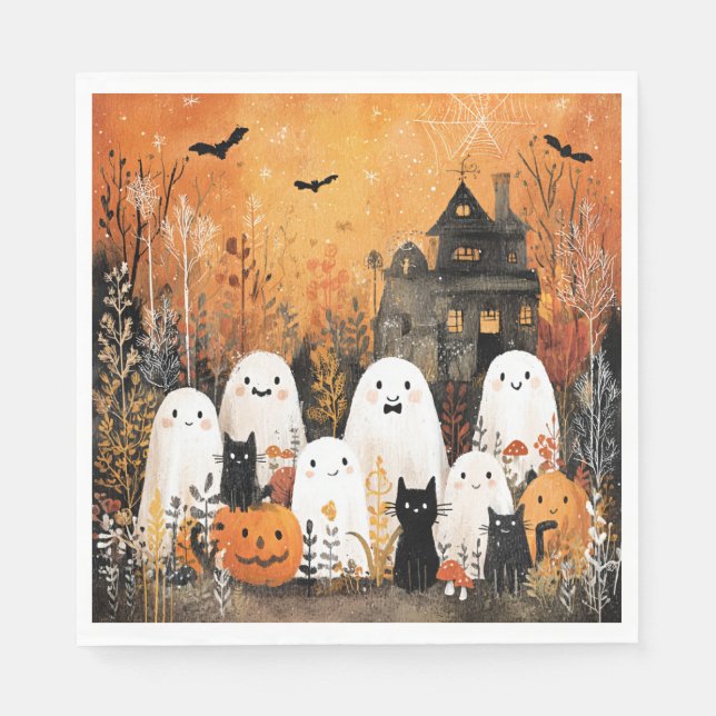 Servilleta De Papel Halloween fantasmas, gatos negros y murciélagos, (Anverso)