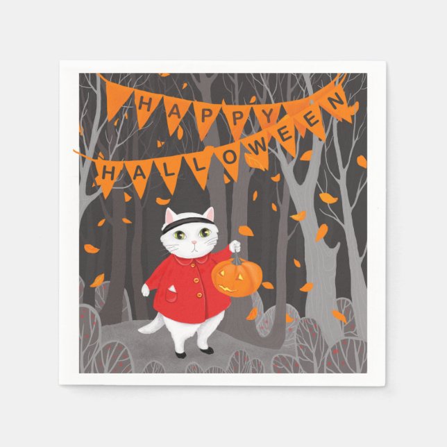 Servilleta De Papel     Halloween Gato Lindo & Jack o linterna  (Anverso)