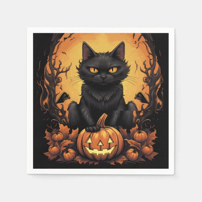 Servilleta De Papel Halloween | Gato negro y calabaza (Anverso)