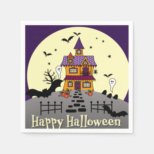 Servilleta De Papel Halloween Hauned House Black Bat Full Moon Ghost (Anverso)