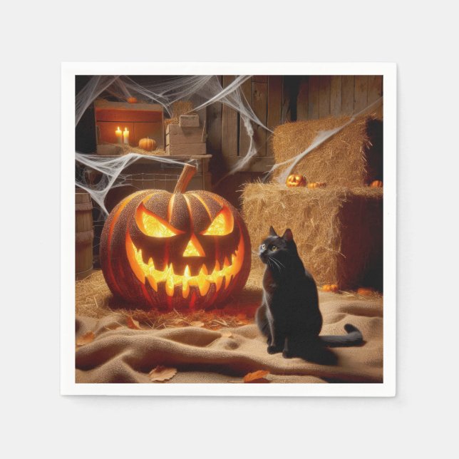 Servilleta De Papel Halloween Jack-o-Lantern y Cat In Barn (Anverso)