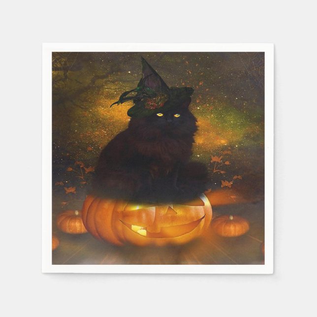 Servilleta De Papel Halloween Napkin/Gato negro sentado en una calabaz (Anverso)