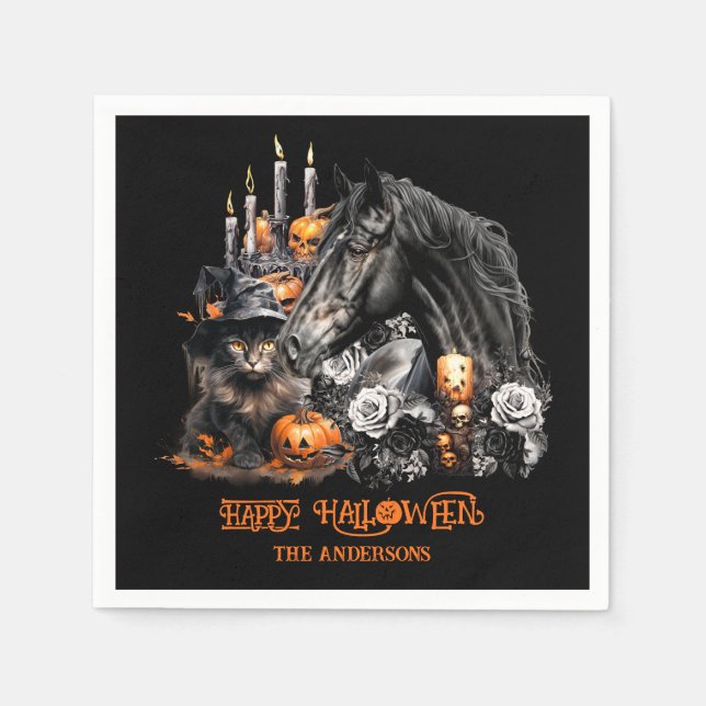 Servilleta De Papel Halloween negro Caballo negro Gato espeluznante (Anverso)