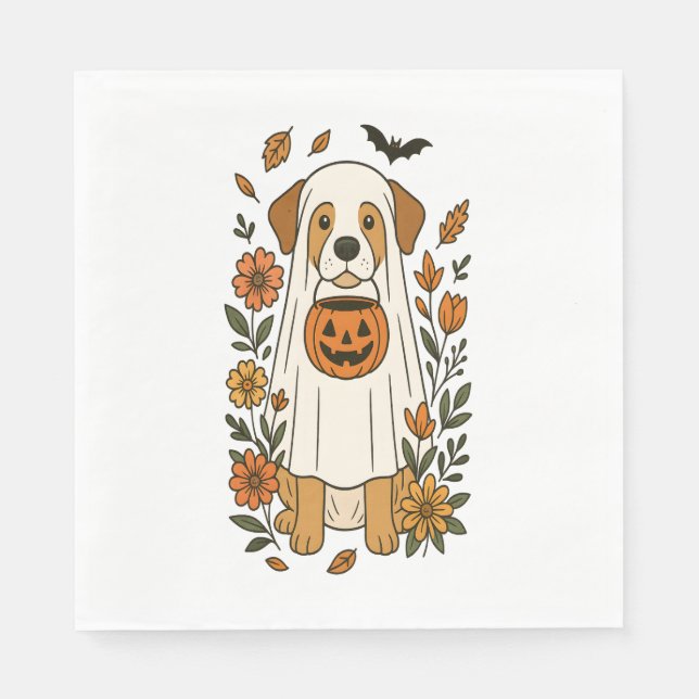 Servilleta De Papel Halloween Poodle con flores de otoño (Anverso)