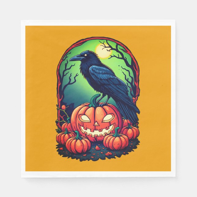 Servilleta De Papel Halloween Raven en un parche de calabaza (Anverso)