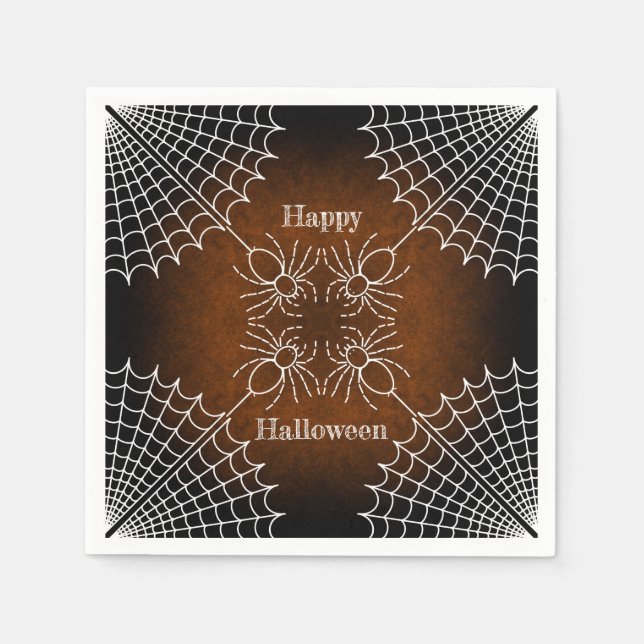 Servilleta De Papel Halloween Spiderweb arañas naranja blanco negro (Anverso)