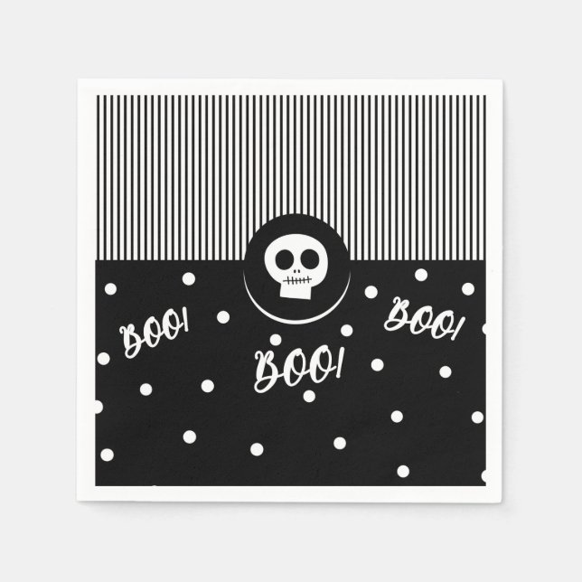 Servilleta De Papel Halloween Whimsical Boo Skull Fiesta Blanco y Negr (Anverso)