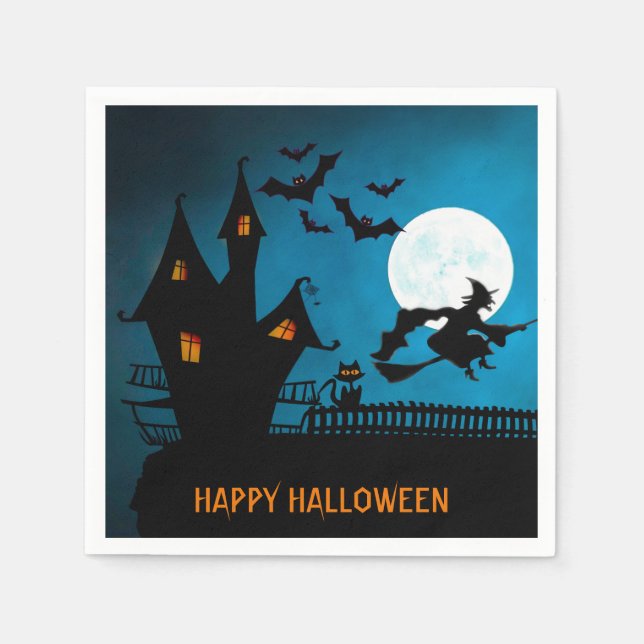 Servilleta De Papel Halloween Witch Black Cat Bats Fiesta (Anverso)