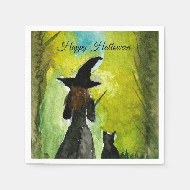 Servilleta De Papel Halloween Witch Black Cat Woman Spells (Anverso)