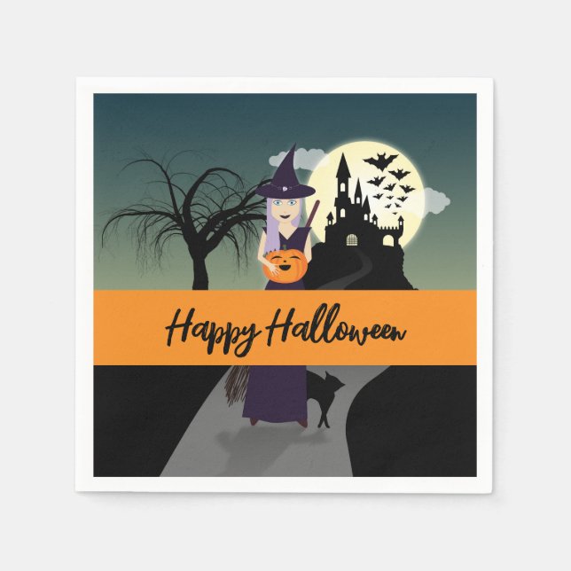 Servilleta De Papel Halloween Witch Pumpkin Black cat Tu texto (Anverso)