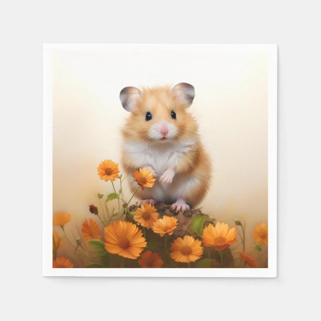 Servilleta De Papel Hamster Entre Flores Naranjas (Anverso)