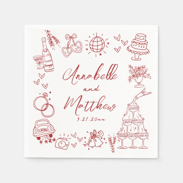 Servilleta De Papel Hand Drawn Red Whimsical Wedding (Anverso)