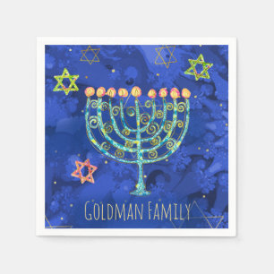 Servilleta De Papel Hanukkah Aqua Menorah Star of David on Blue