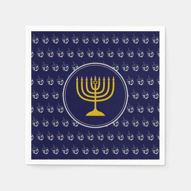 Servilleta De Papel HANUKKAH Dreidel Menorah BLUE SILVER GRIS (Anverso)