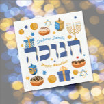 Servilleta De Papel Hanukkah Menorah Donuts & Dreidel<br><div class="desc">Este diseño gráfico audaz es la manera perfecta de establecer una mesa Fiesta festiva de Hanukkah/Chanukah. Elementos caprichosos y coloridos del Chanukah — incluyendo Jelly Donuts, Dreidels, Wrapped Gifts, Gold Coins y Stars — rodean la palabra CHANUKAH en hebreo, Con espacio para tu propio nombre y mensaje. ¿Necesita ayuda con...</div>