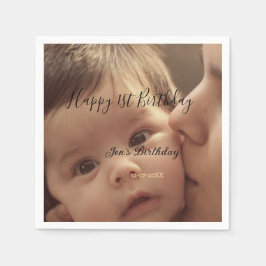 Servilleta De Papel Happy 1st birthday name photo date stylish calligr