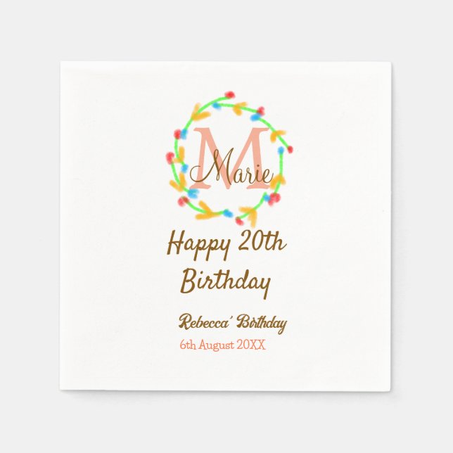 Servilleta De Papel Happy 20th Birthday red add name monogram wreath (Anverso)