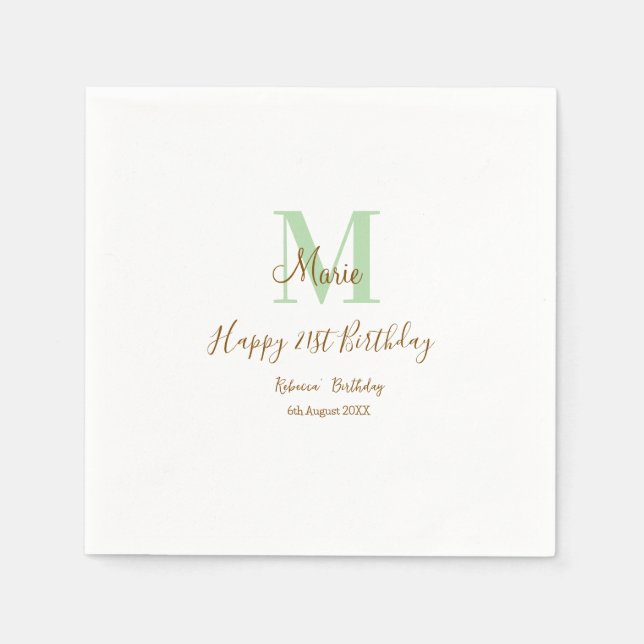 Servilleta De Papel Happy 21st Birthday green add name monogram brown  (Anverso)