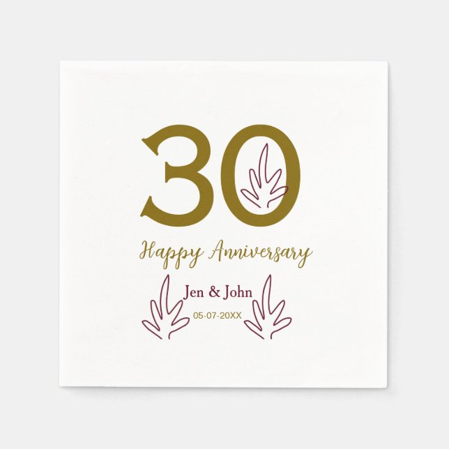 Servilleta De Papel Happy 30th anniversary name date golden red leaf (Anverso)