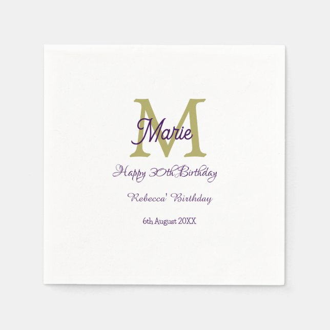 Servilleta De Papel Happy 30th Birthday goldenadd name monogram modern (Anverso)