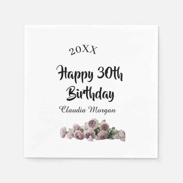 Servilleta De Papel Happy 30th birthday pink white mauve floral name y (Anverso)