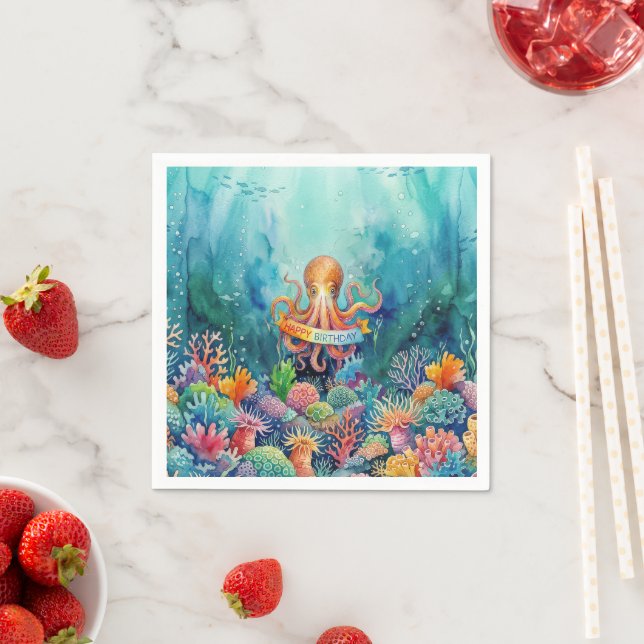 Servilleta De Papel Happy Birthday Octopus Ocean Sea Life Water Fish (In situ)