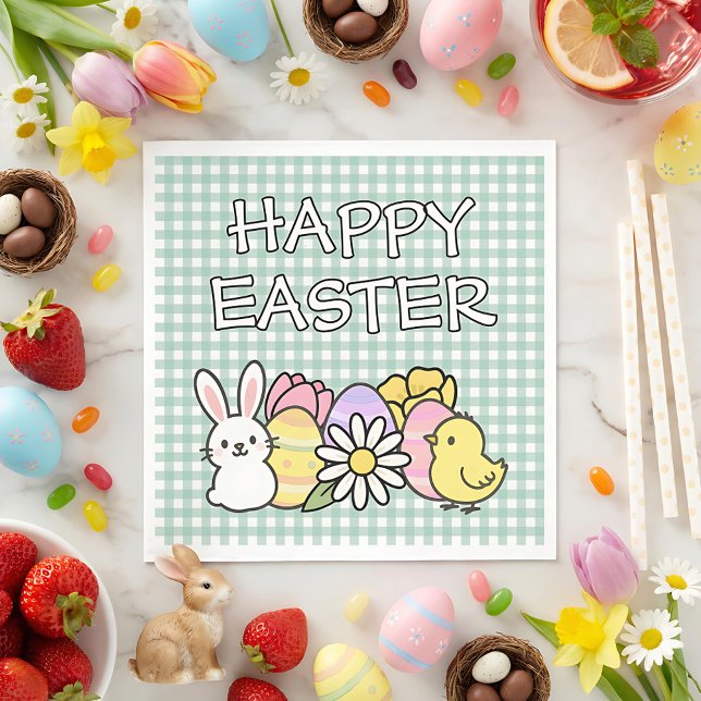 Servilleta De Papel Happy Easter Bunny Chick Eggs Floral Green Gingham (Subido por el creador)
