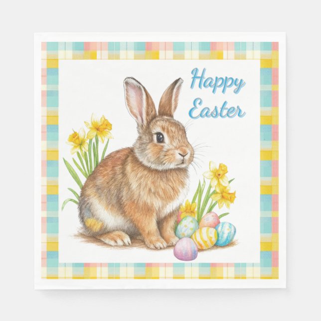 Servilleta De Papel Happy Easter Rabbit Spring Plaid  (Anverso)
