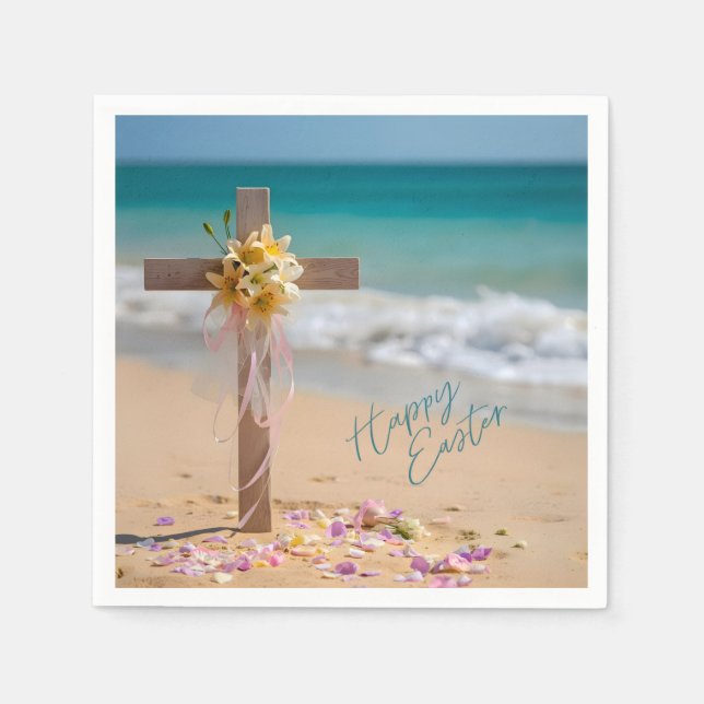 Servilleta De Papel Happy Easter Wooden Cross and Lilies on Beach (Anverso)