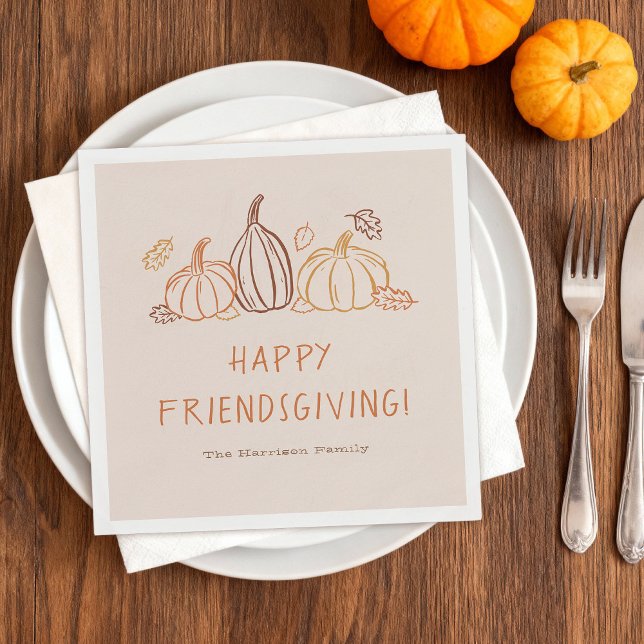 Servilleta De Papel Happy Friendsgiving Thanksgiving Pumpkin Doodles ("Happy Friendsgiving" napkins with whimsical Fall doodles)