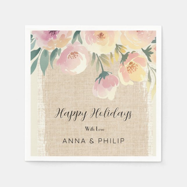Servilleta De Papel Happy holidays floral watercolor holiday  (Anverso)