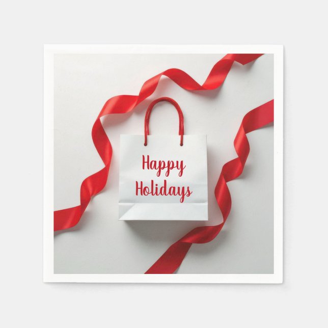 Servilleta De Papel Happy Holidays Gift Bag With Red Ribbons (Anverso)