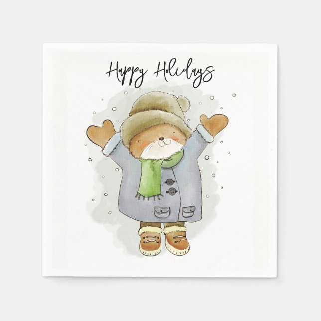 Servilleta De Papel Happy Holidays Paper Napkins Cat Kitten Snow  (Anverso)