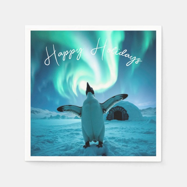 Servilleta De Papel Happy Holidays Penguin Under Northern Lights (Anverso)