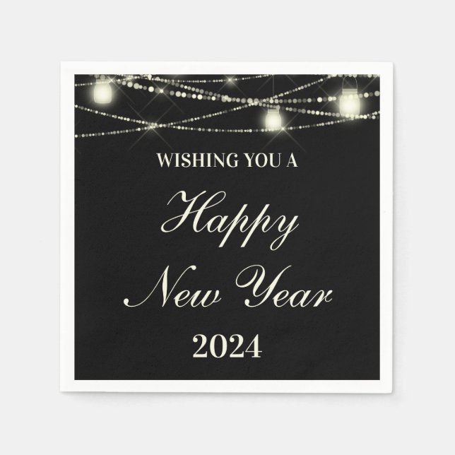 Servilleta De Papel Happy New Year String Lights Jars Black (Anverso)