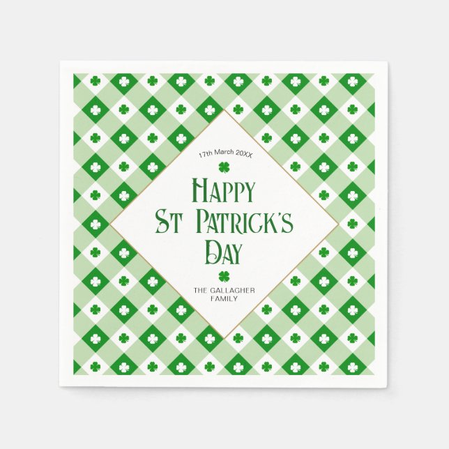 Servilleta De Papel Happy St Patrick's Day Green Clover Plaid Name (Fe (Anverso)